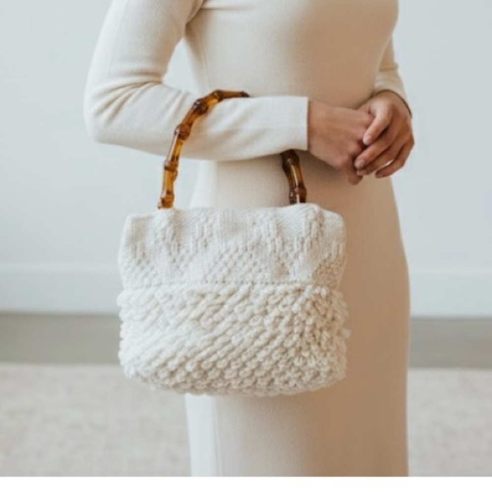 Vintage 1960s Elegant Cream Crochet Loop Knit Handbag with Lucite Handle